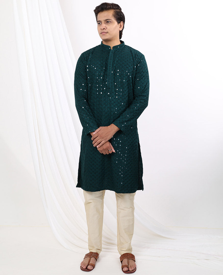 Bottle green geometric embroidery with sequins work mandarin collar & full-sleeve long raw silk kurta