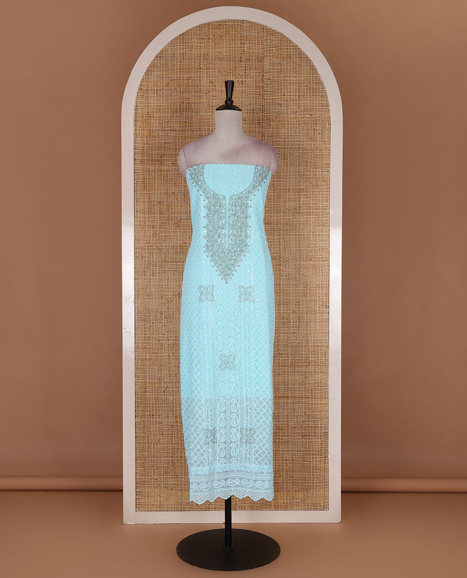 Blue material churidar set, stone work with Schiffli style embroidered georgette top, American Crape bottom, and polka dotted printed mirror work dupatta