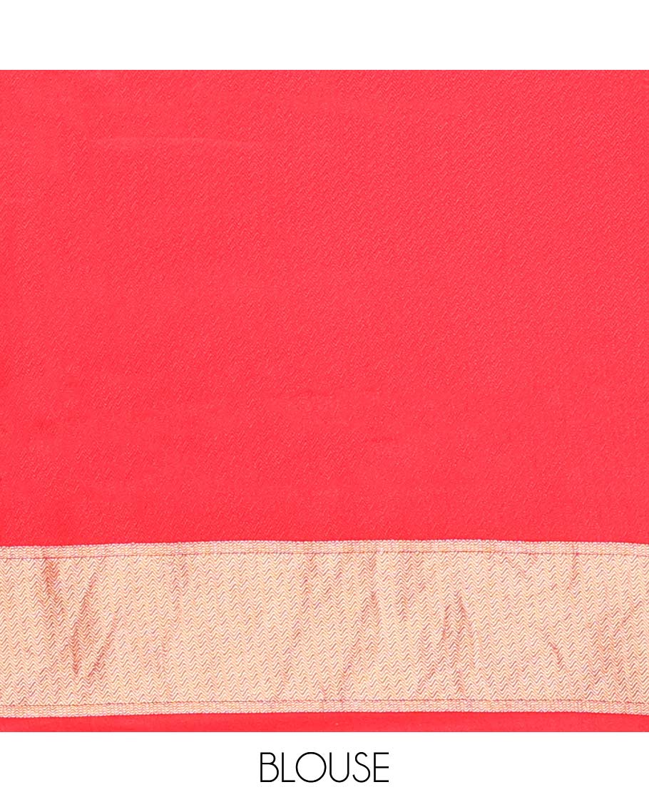 Red floral motifs mushru silk saree with self animal motifs border & striped zari pallu