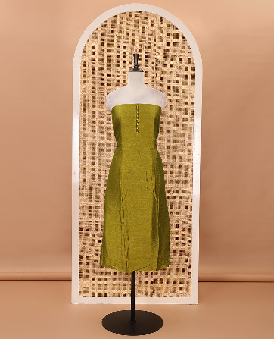 Parrot green material chudidar set, plain with neck work vichitra silk top, cotton bottom & baraso floral printed dupatta