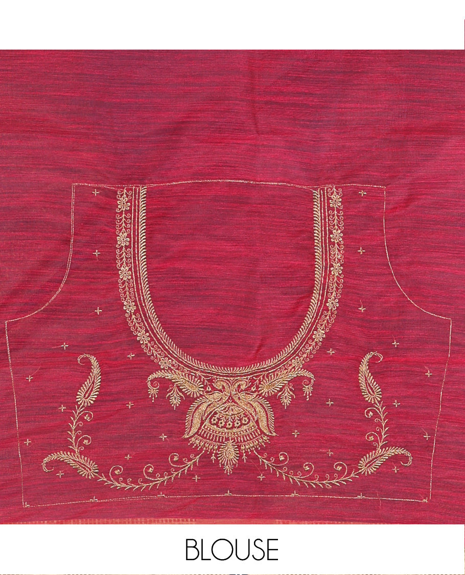 Rama blue plain linen saree, contrast traditional zari design border, striped pallu, and a contrast embroidered blouse