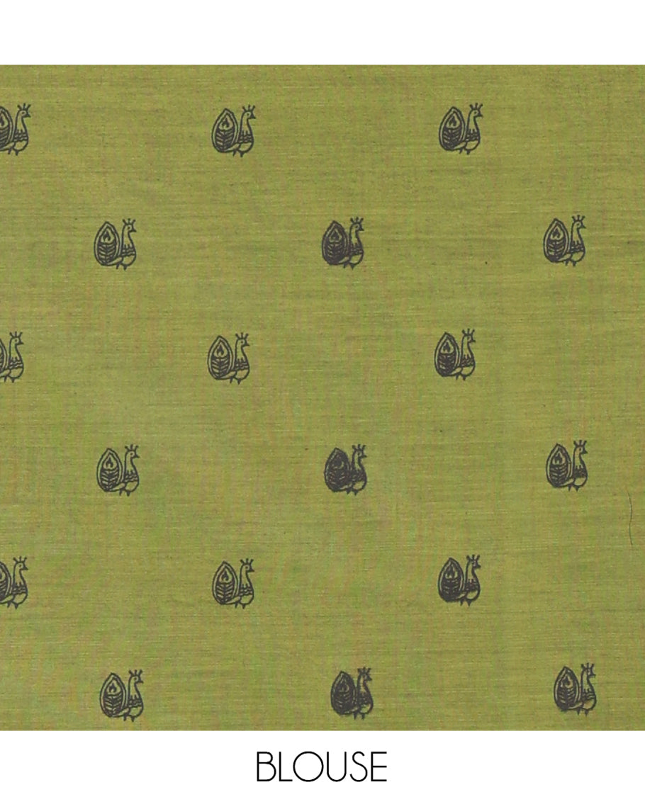 Borderless Olive Green Warli Printed South Cotton Saree, Printed Pallu and a Matching Blouse