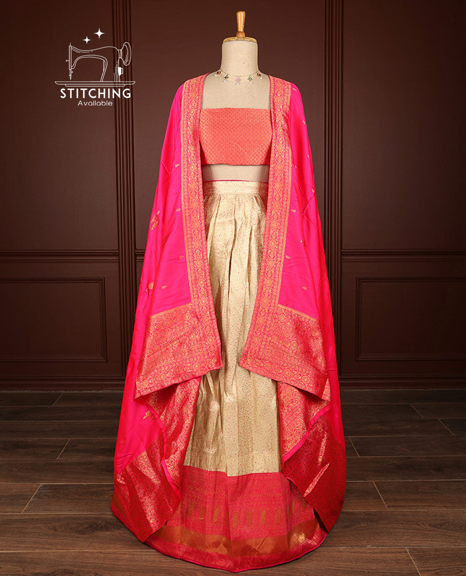 Sandal floral jacquard half saree with contrast zari design border, zari design blouse & floral zari design dhavani
