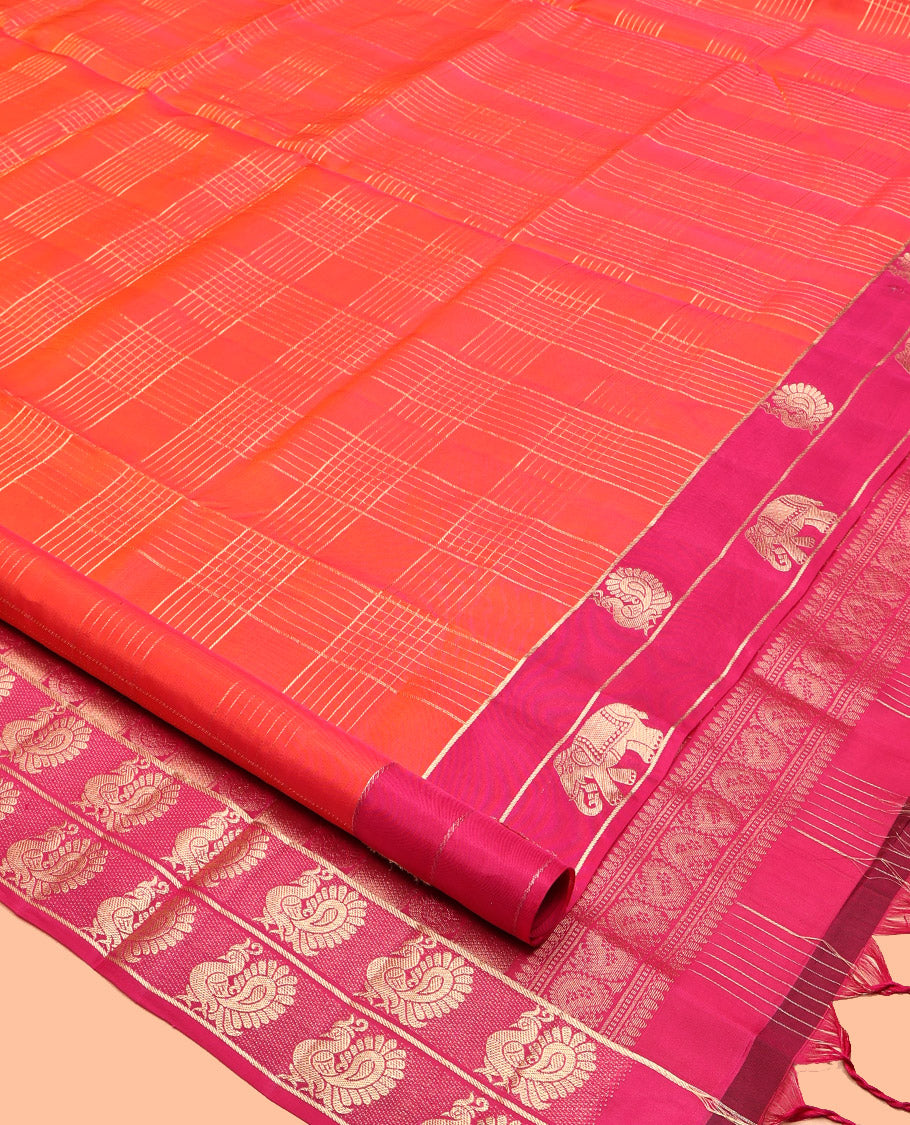 Orange Mayuri Lite Silk Mix Saree, Adorned with Zari Checks, Complemented by Contrast Mayil-Yaanai Border, Pallu of Mayil and Chakram, and a Contrast Blouse