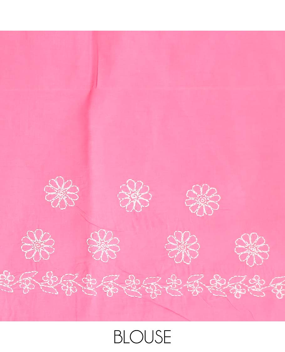 Pink all-over floral thread embroidery chikankari cotton saree with self embroidery border