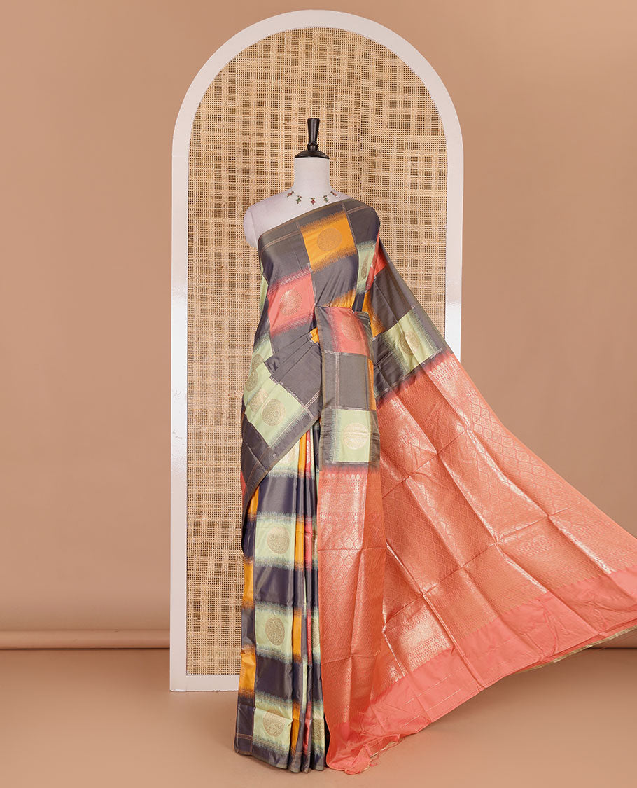 Borderless grey chakra buttas enclosed, checked elite soft silk saree, contrast ogee patterned pallu, and contrast zari design blouse