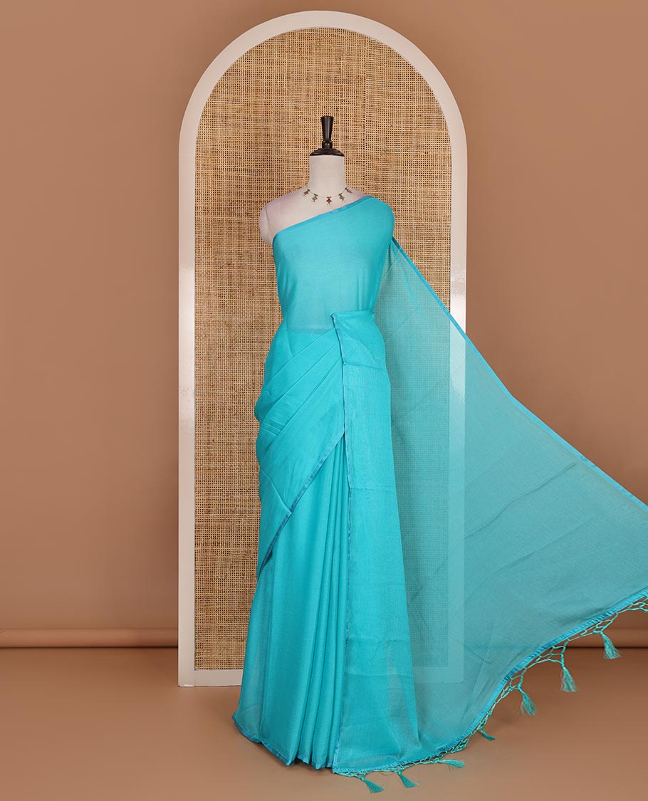 Borderless sky blue plain design viscose saree, flower motifs printed matching blouse