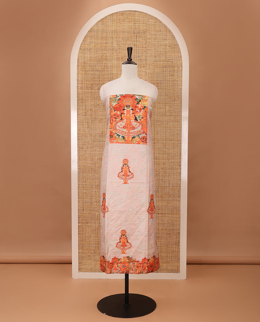 Cream chudidar material set, traditional Kerala Kathak printed semi tussar top, plain santoon bottom, & Kathak printed semi tussar dupatta