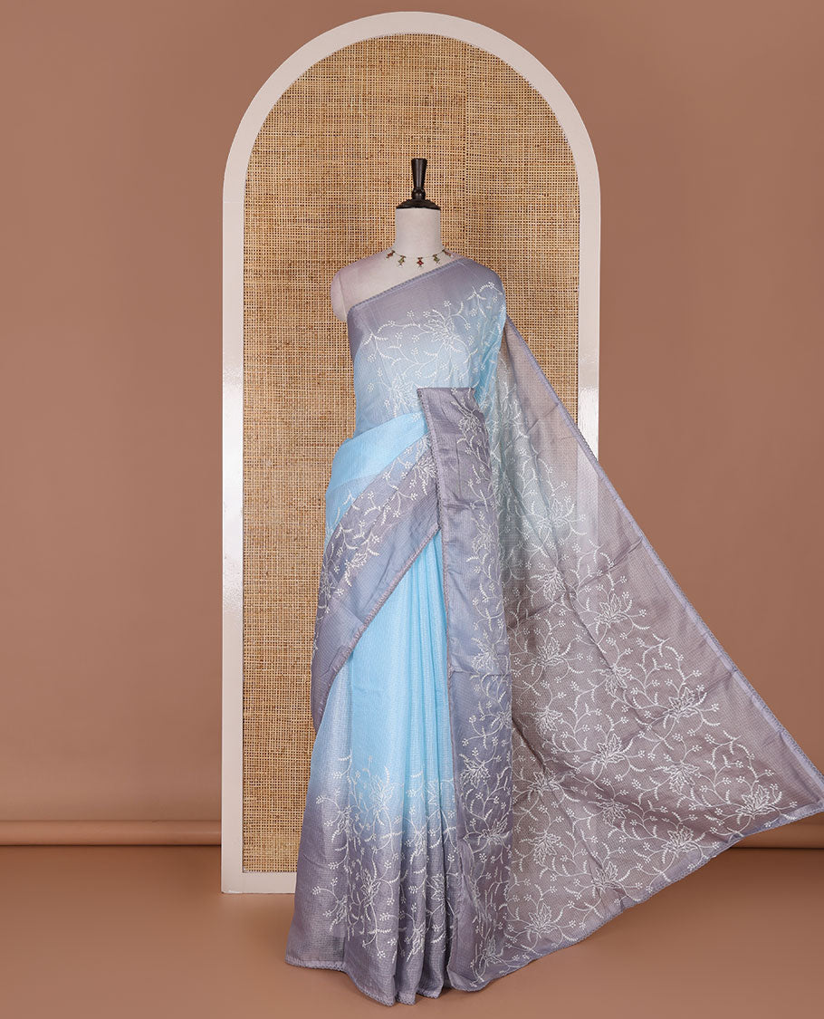 Sky blue-grey floral vine chickankari embroidered kota chex saree, lace border, floral vine chickankari embroidered pallu, and contrast plain blouse