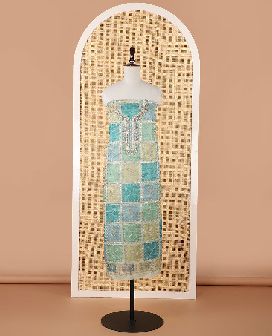 Blue-ombre organza chudidar material set, position print & intricately bead embroidered top, floral vine zari embroidery dupatta & plain santoon bottom