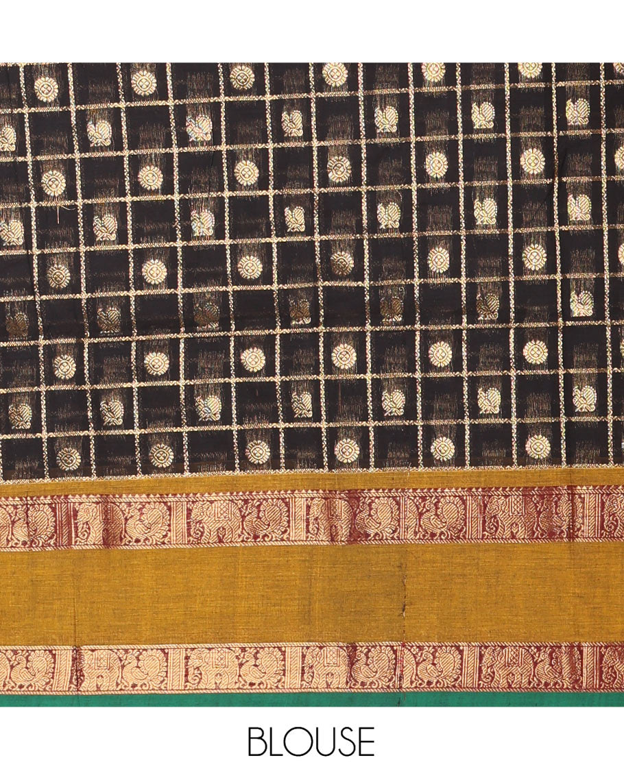 Black Chettinad Cotton Saree, Decorated with Mayil-Chakra Butta Enclosed Checks, a Contrast Rettai Pettu Border, Grand Pallu, a Matching Blouse
