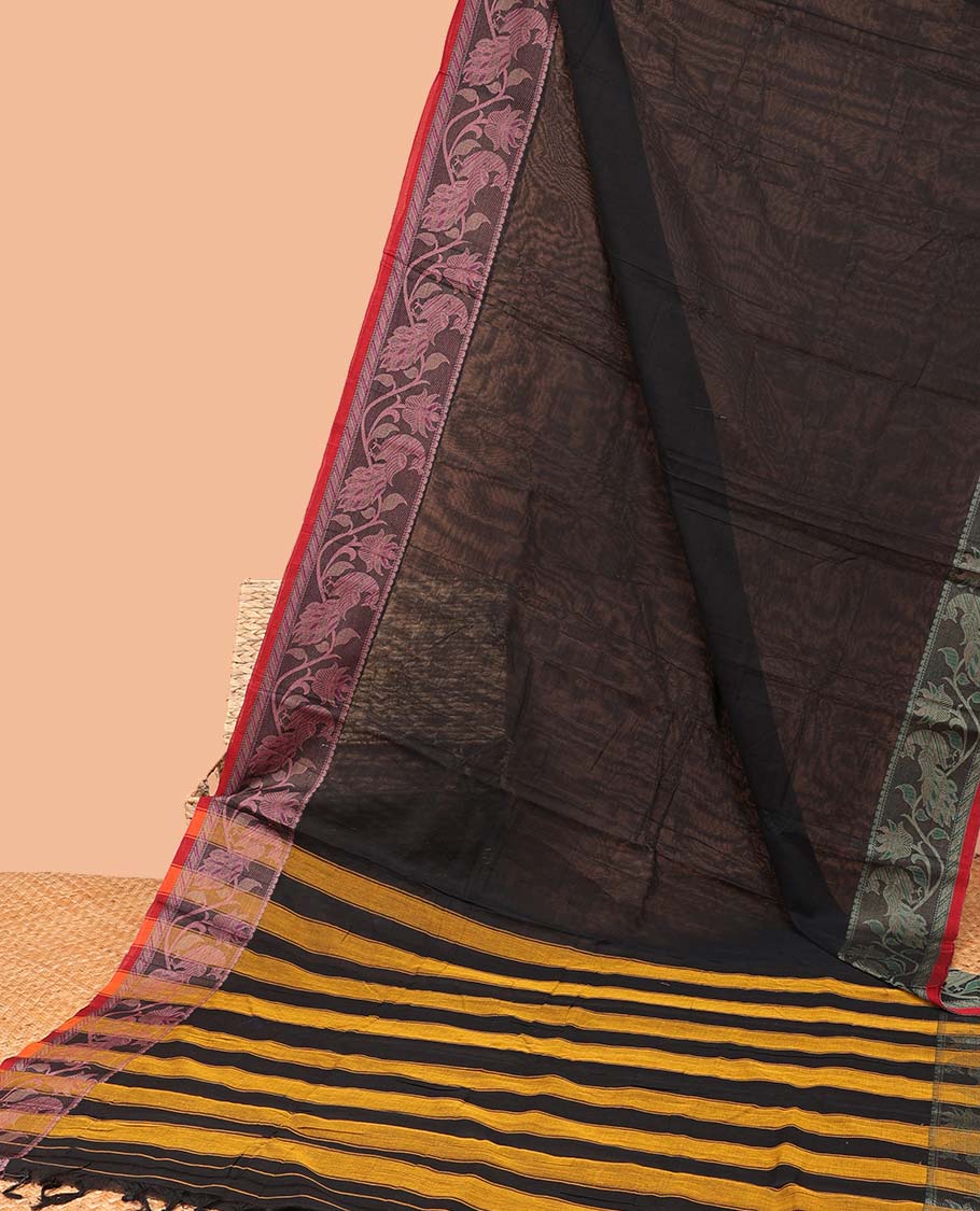 Black plain Narayanapet cotton saree, contrast floral design ganga jamuna border & striped pallu