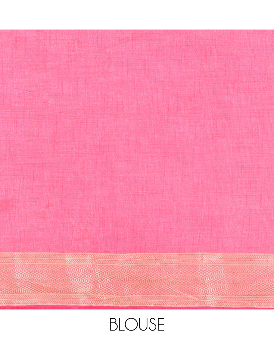 Pink lotus-leaf style printed semi-tussar saree, traditional zari border, zari striped pallu, and a matching blouse