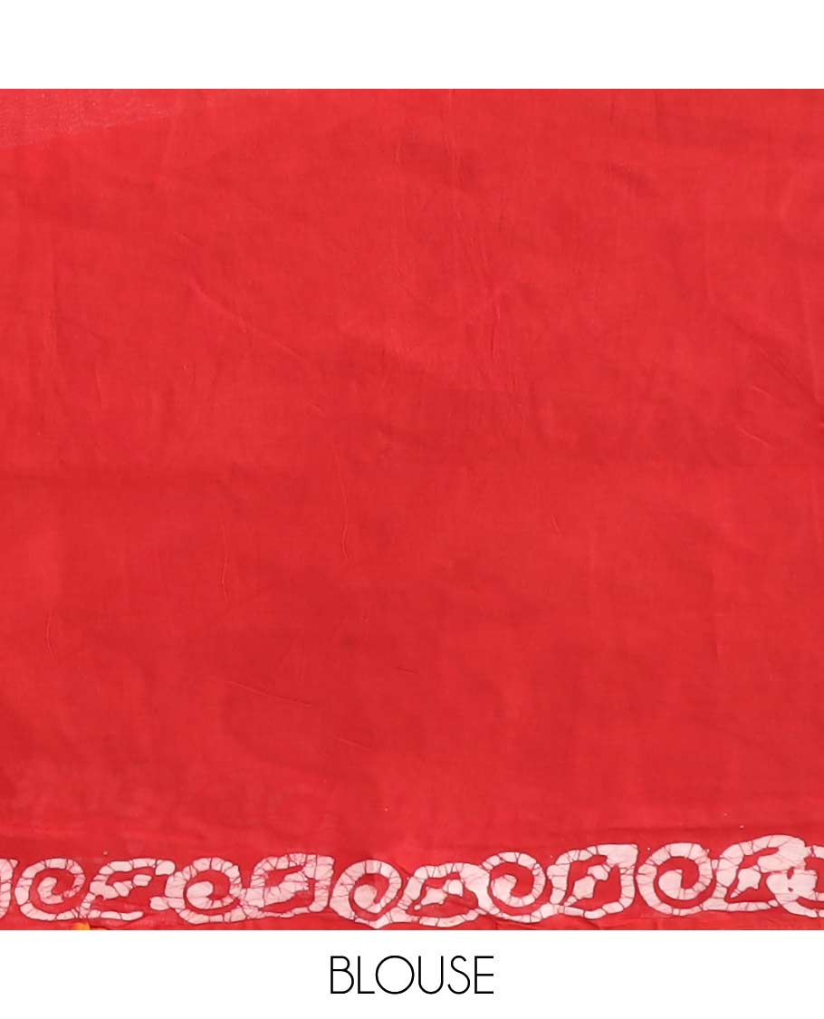 Red batik style floral printed mul mul cotton saree with self floral design border & batik style floral design pallu