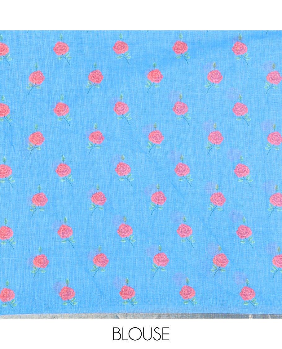 Blue Linen Cotton Saree, Decorated with Micro-Checks and Floral Motifs on Its Body, Subtle Piping Border, a Self-Pallu, and Paired with a Rose Floral Printed Blouse