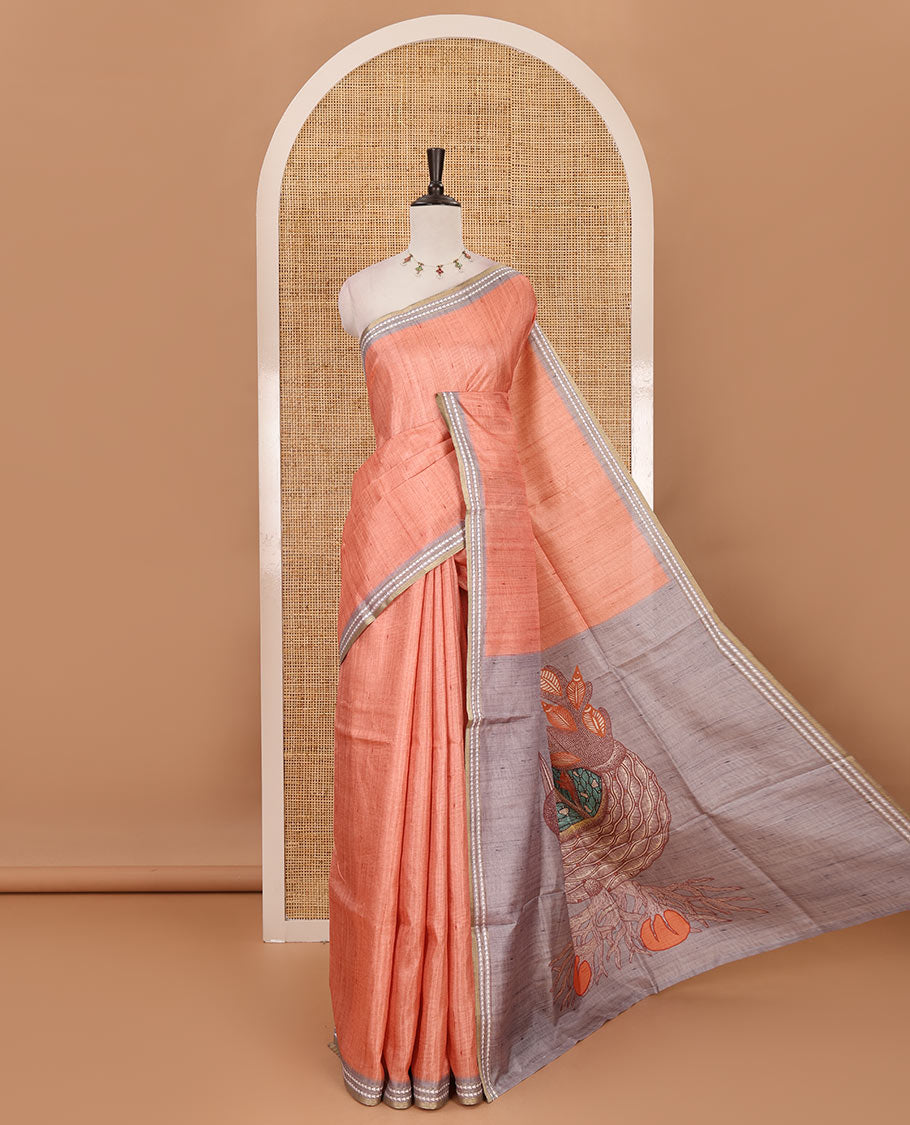 Orange full-plain design semi-tussar saree, contrast thread triangle motifs border, bird motifs printed pallu & contrast striped blouse