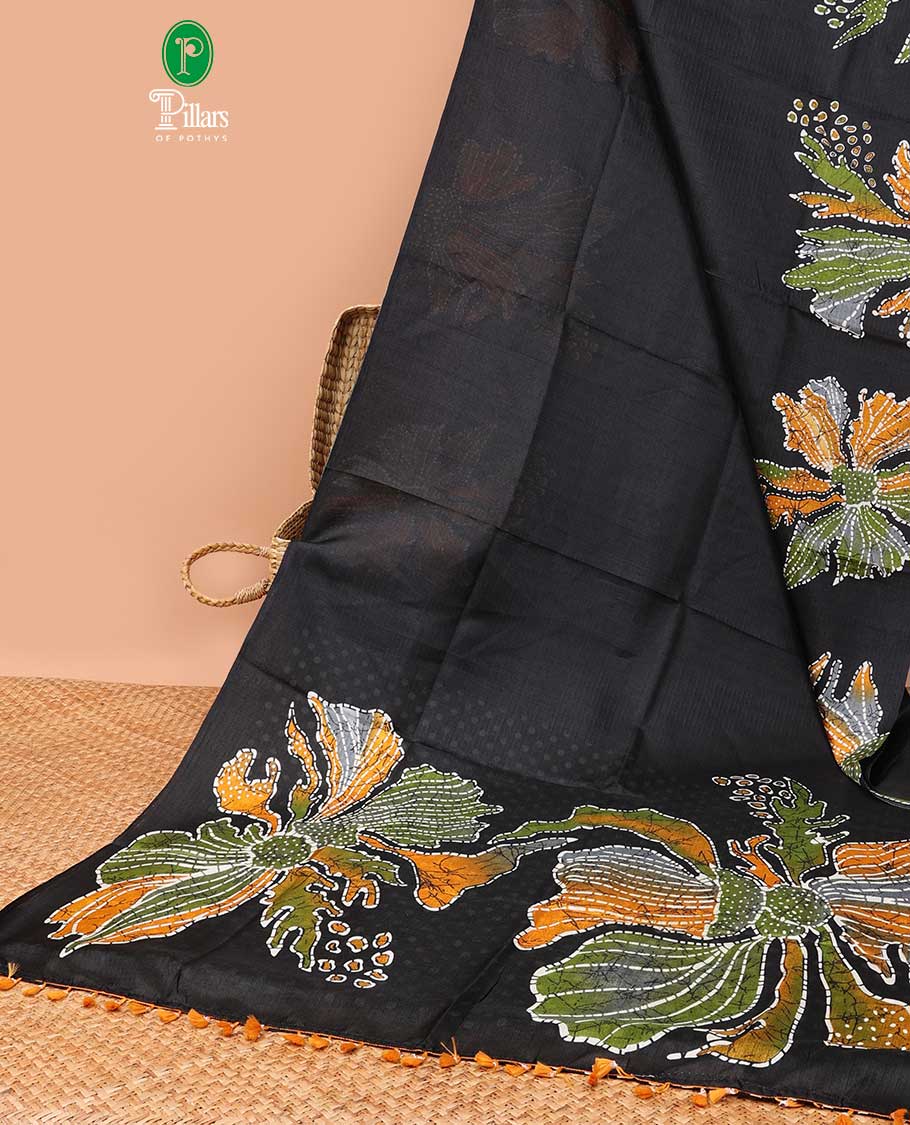 Borderless black printed orchid design semi khadhi saree with printed self, tussels pallu & all over dotted blouse