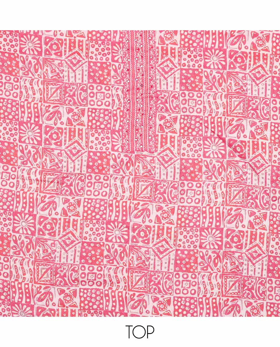 Pink chudidhar material set abstract printed top with thread embroidery bottom & floral design dupatta