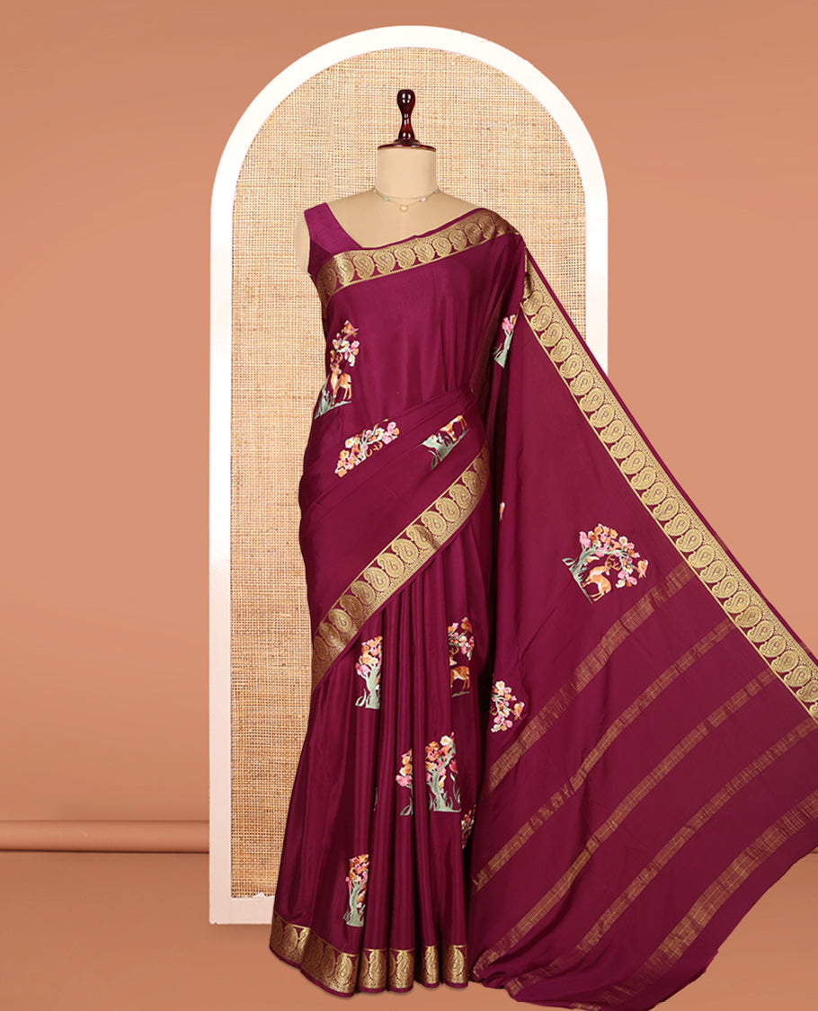 Purple Embroidery Mysore Silk Saree