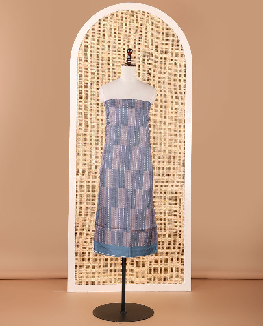Blue semi-tussar material chudidar set,geometric & kantha print top,heathered plain bottom & dupatta of geometric & floral print