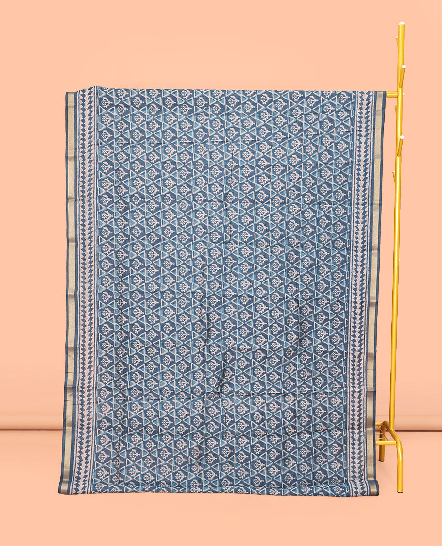 Blue Mul Mul Cotton Saree, Adorned with Floral-Geometric Batik Print, a Subtle Border, a Batik-Printed Pallu, and a Contrast Blouse