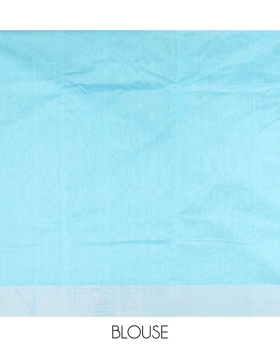 Light blue floral motifs chanderi cotton saree with contrast border & striped pallu