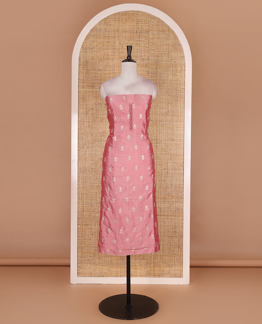 Pink Vichitra silk material churidar set, floral motifs embroidered top, contrast Santoon bottom, and floral vine thread embroidered scallop dupatta