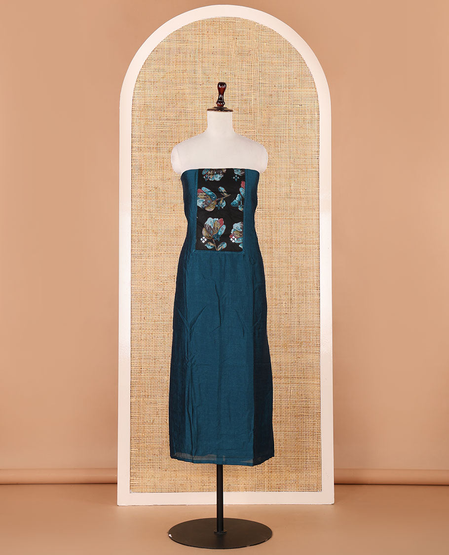 Blue chudidhar material,brasso floral print & mirrorwork patch neck vichitra silk top,santoon bottom & brasso floral print dupatta