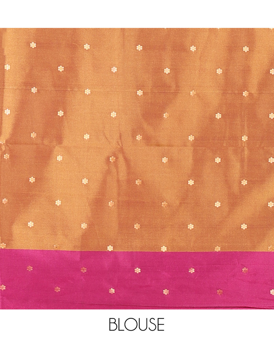 Brown Soft Silk Saree, Adorned With Zari Buttas All Over Its Body, Complemented by Captivating Contrast Border of Elephant Motifs, Grandly Decked Up Pallu, and Paired with a Contrast Blouse