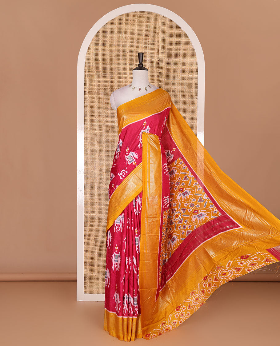 Red patola inspired pochampally elephant motifs dola silk saree, contrast traditional zari border, patola printed pallu, and contrast patola printed blouse