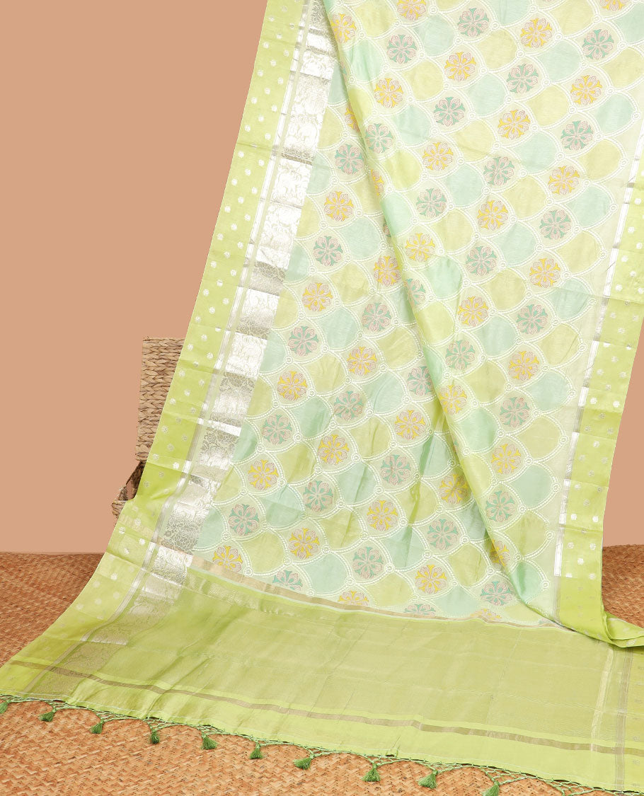 Multi-color floral design dupion saree with contrast zari design border & striped pallu