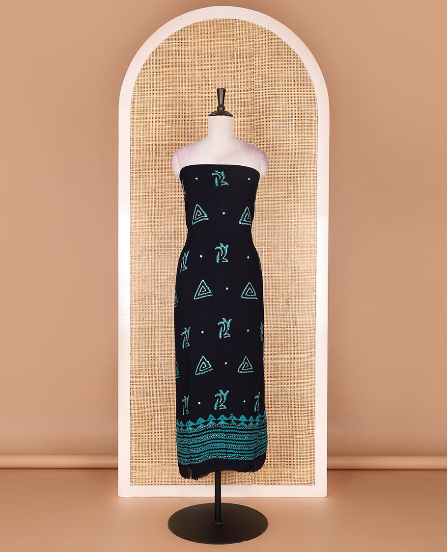 Navy blue and Rama green material chudidar set, batik print with kantha embroidered top, plain contrast bottom, and batik printed dupatta
