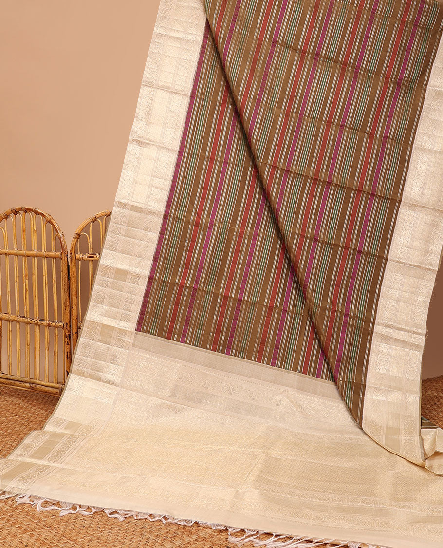 Multi-color striped design kancheepuram silk saree with contrast traditional design border & intricate zari design pallu