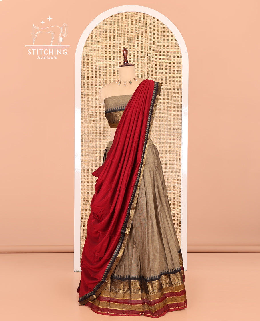 Dark Chikku-Maroon Chettinad Cotton Half-Saree, Contrast Traditional Temple Zari Bordered Skirt, Matching Blouse, and a Contrast Dhavani