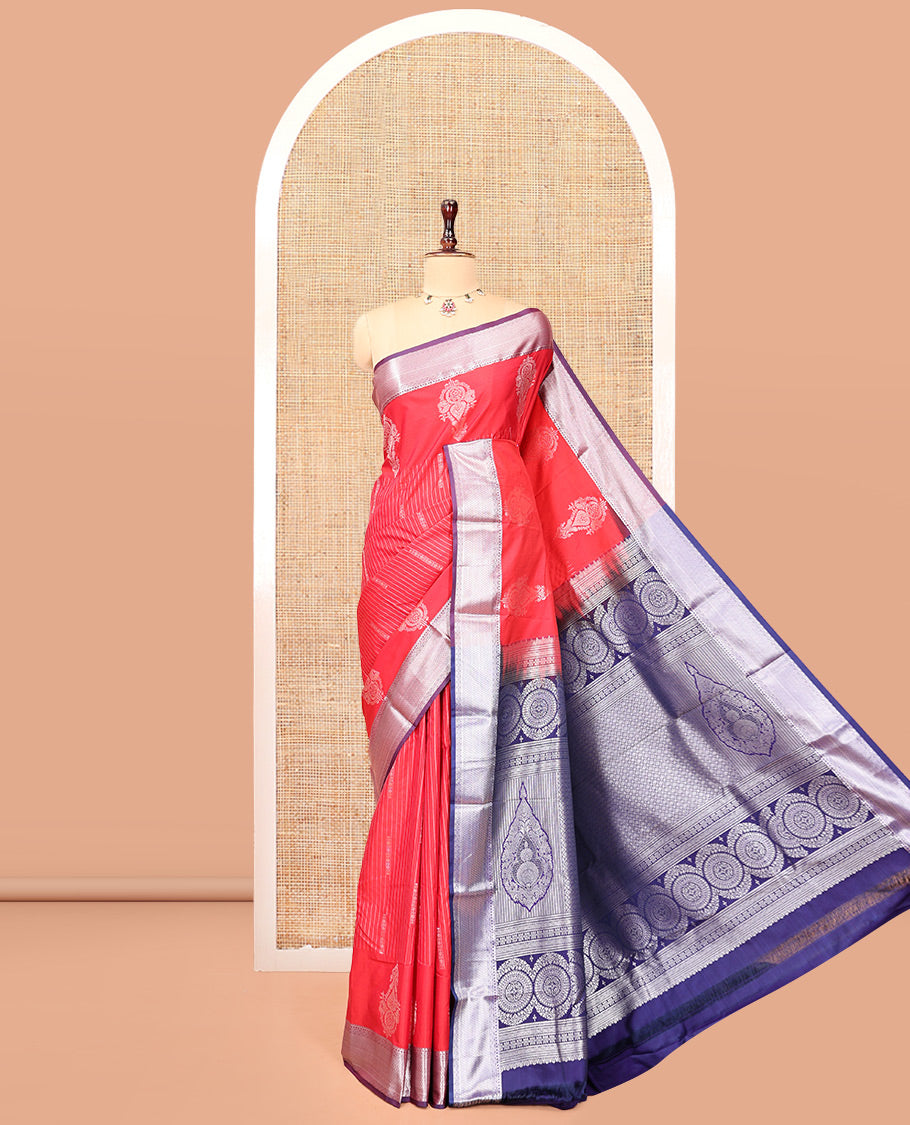 Red Budget Silk Saree, Accentuated with Zari Designs, Contrast Traditional Zari Border, Intricate Pallu, and a Contrast Blouse