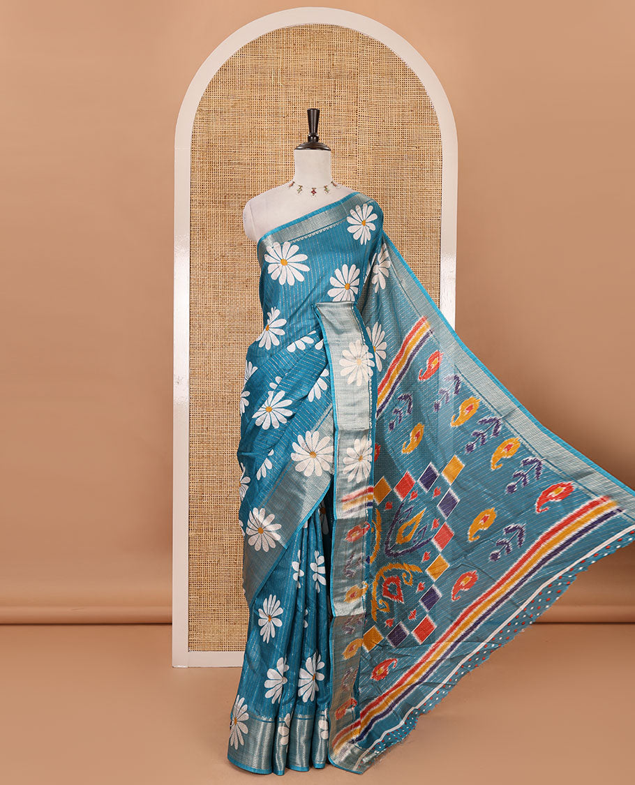 Ramar blue zari striped & sunflower motifs printed dola silk saree, traditional zari border, ikkat printed pallu & printed blouse