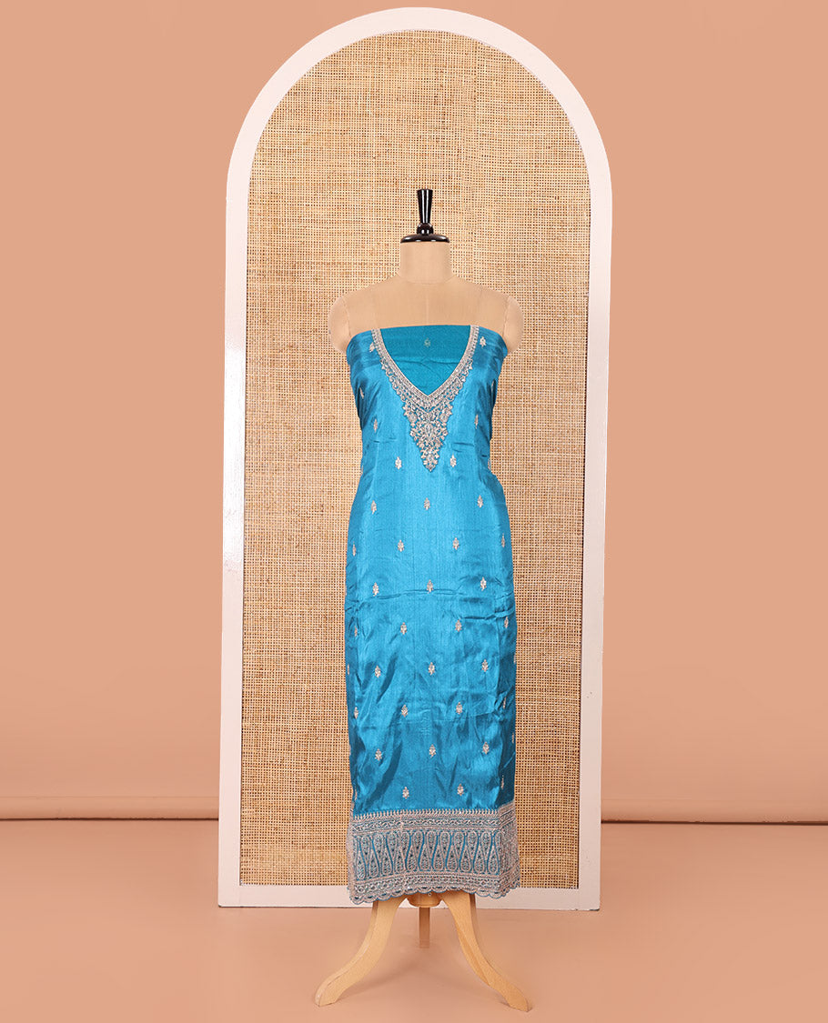 Blue Material Chudidar Set Mesmerized with Intricately Embroidered Muga Silk Top, Subtly Made Plain Santoon Bottom, and a Bemberg Chiffon Dupatta Featuring Floral Printed, and Embroidery