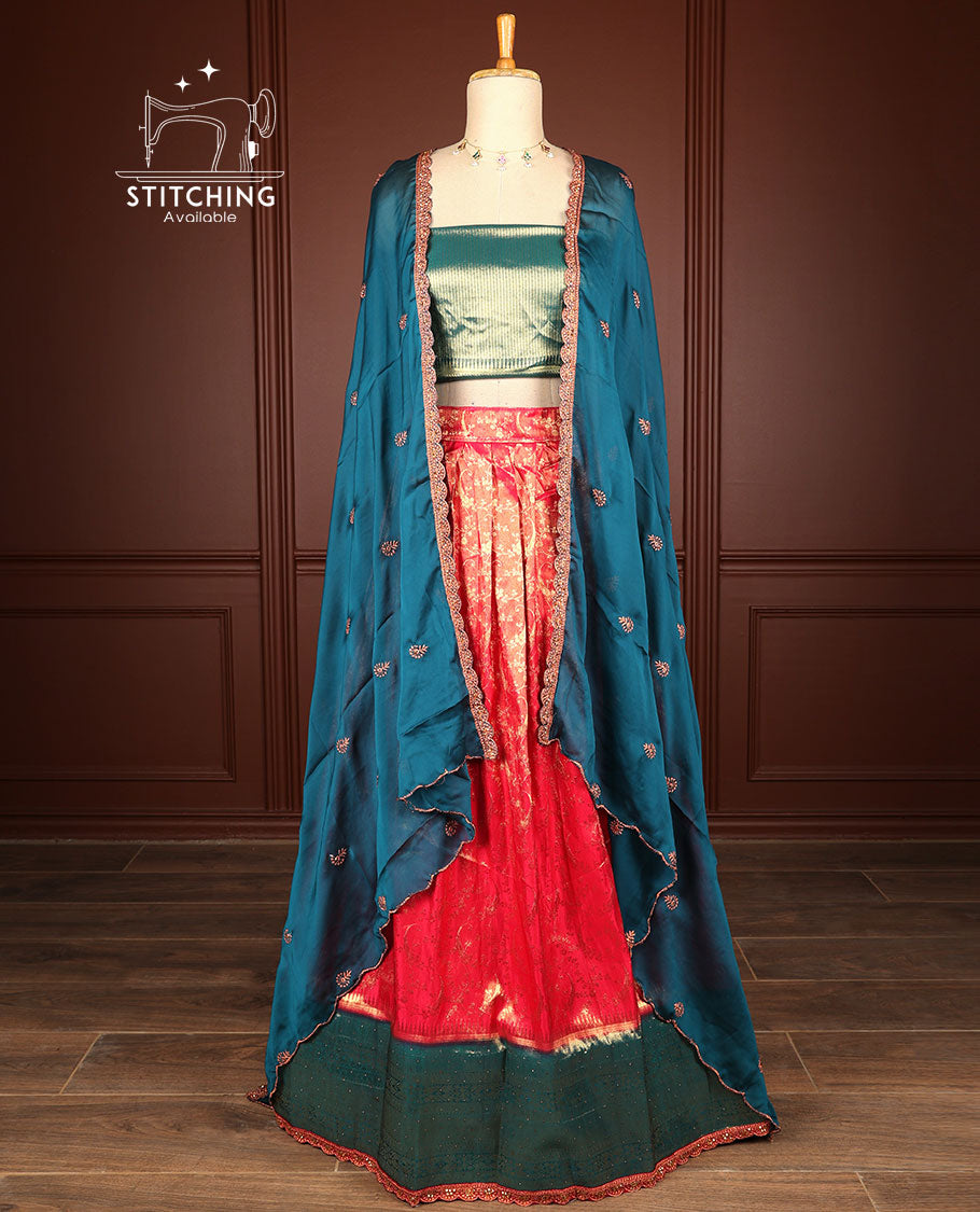 Red floral jacquard half saree with contrast intricate zari design border, zari design blouse & floral embroidery scallop border dhavani