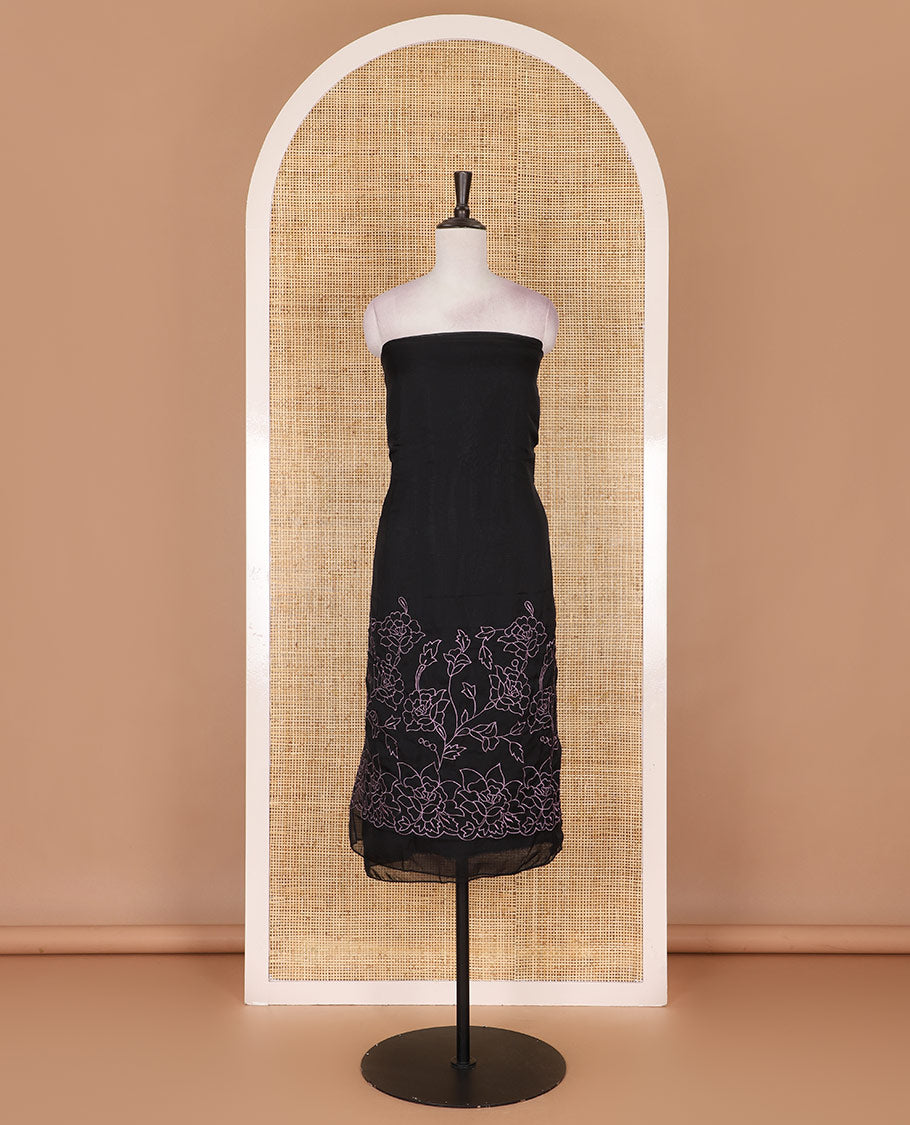 Black and lavender organza material churidar set, Lucknowi chikankari floral vine embroidery top, plain bottom, and contrast floral embroidery dupatta