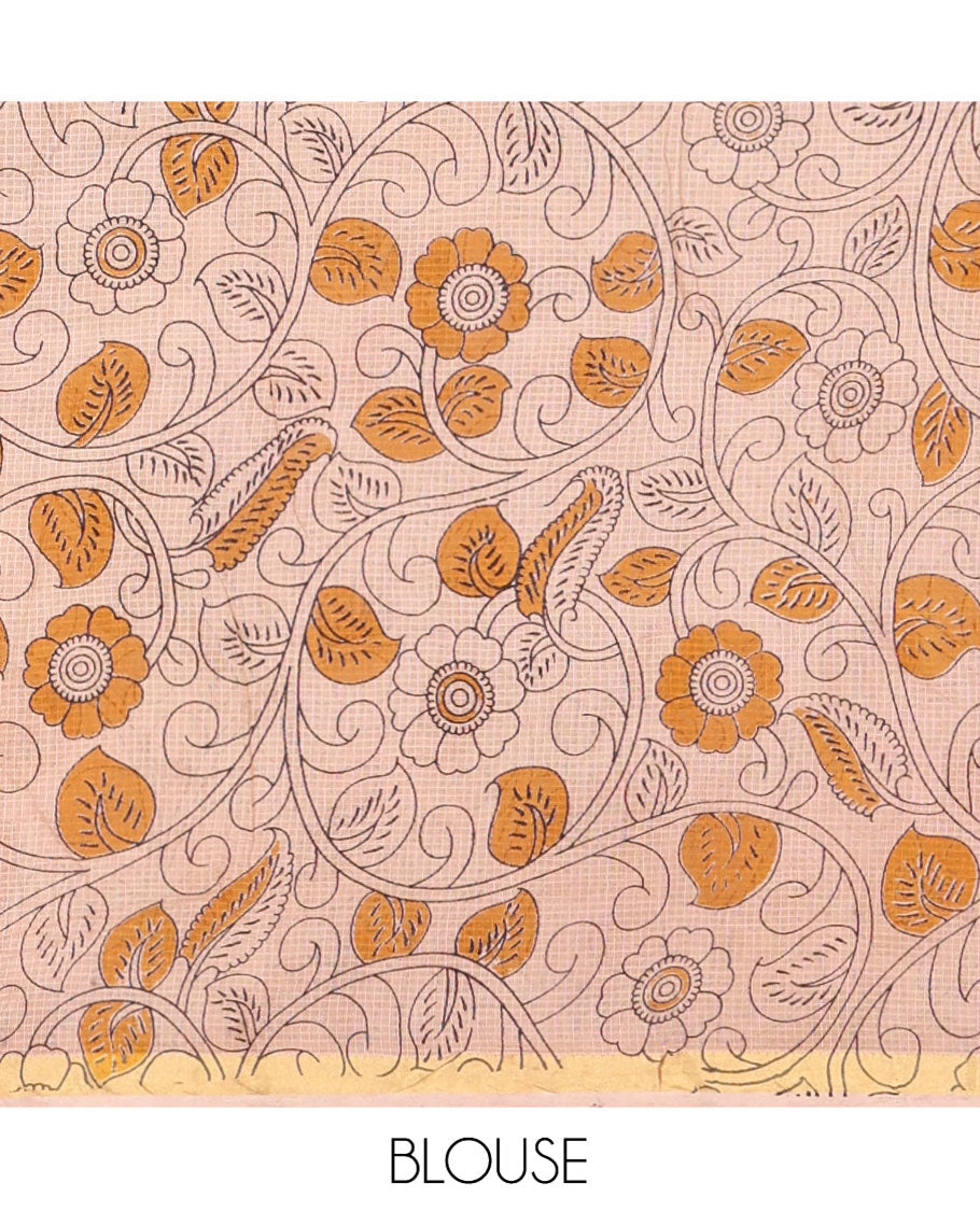 Maroon Kota Cotton Saree, Artfully Decked Up with Kalamkari-Style Human Figurines Printed on the Body, Subtle Piping Border, Pallu Pictures Kalamkari-Style Flora-Fauna Motifs, and Paired with a Contrast-Printed Blouse