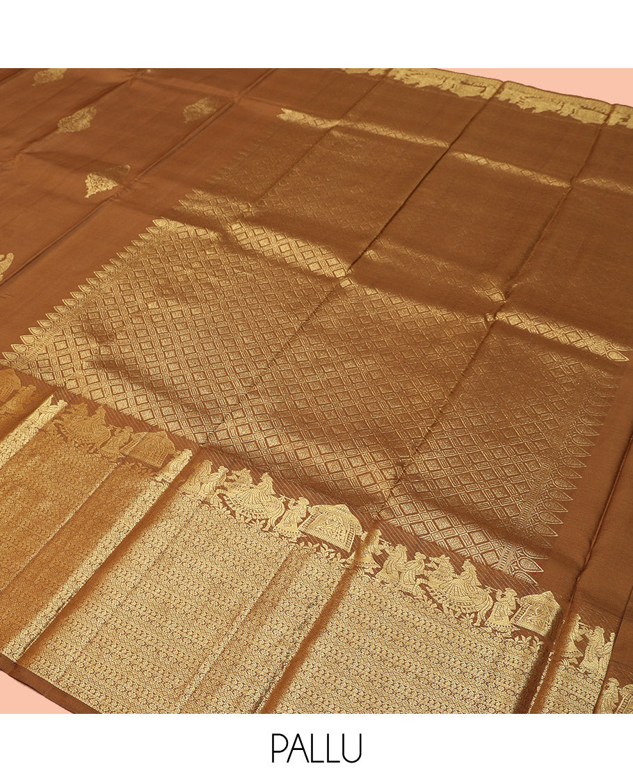 Brown Kanchipuram Silk Saree, Elevated with Zari Buttas All Over Its Body, Highlighted by Zari Wedding-themed Border of Manga, and Kamalam Designs, Grand Jaal Pallu, and Paired with a Matching Blouse