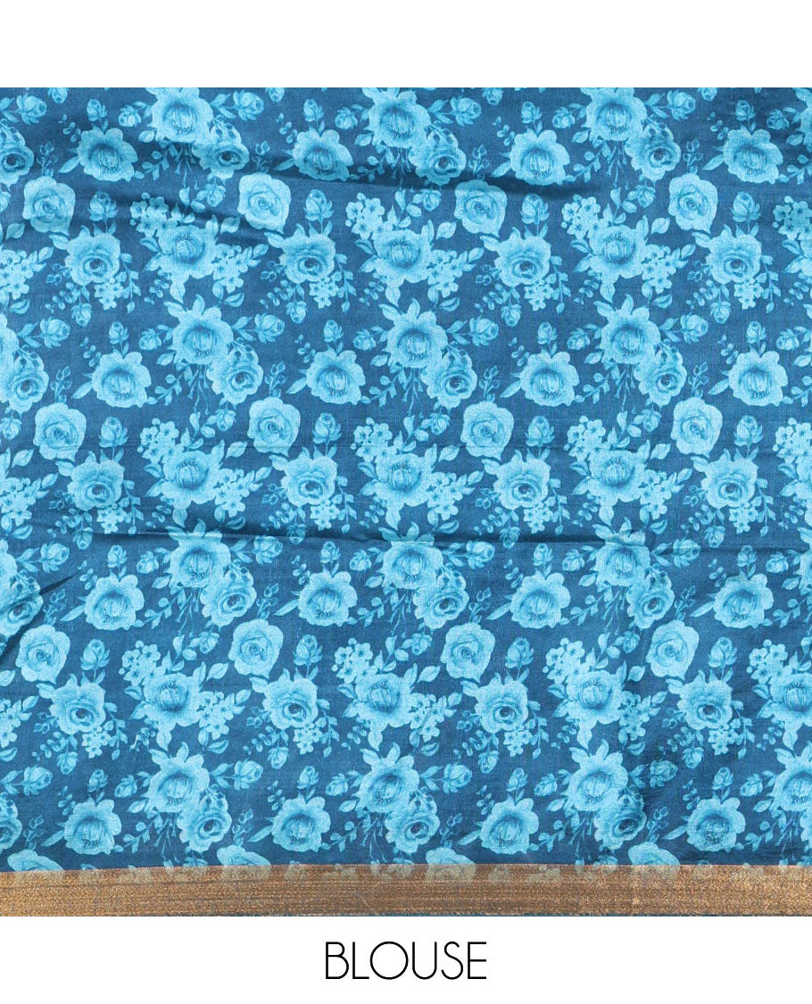 Blue floral motifs digital printed banana pith saree, zari piping border, striped pallu, and a matching floral printed blouse