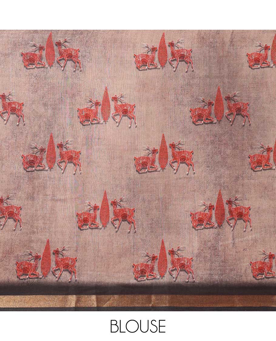 Grey deer, hand block digital printed muslin cotton saree with zari, dee printed border & printed pallu along with printed blouse