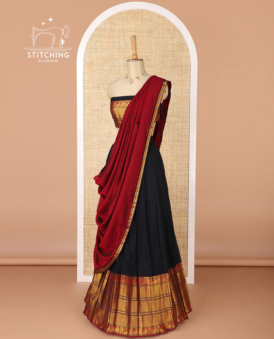 Black mercerised cotton daman zari border half saree with cotton blouse & skya georgette one side zari border dhavani