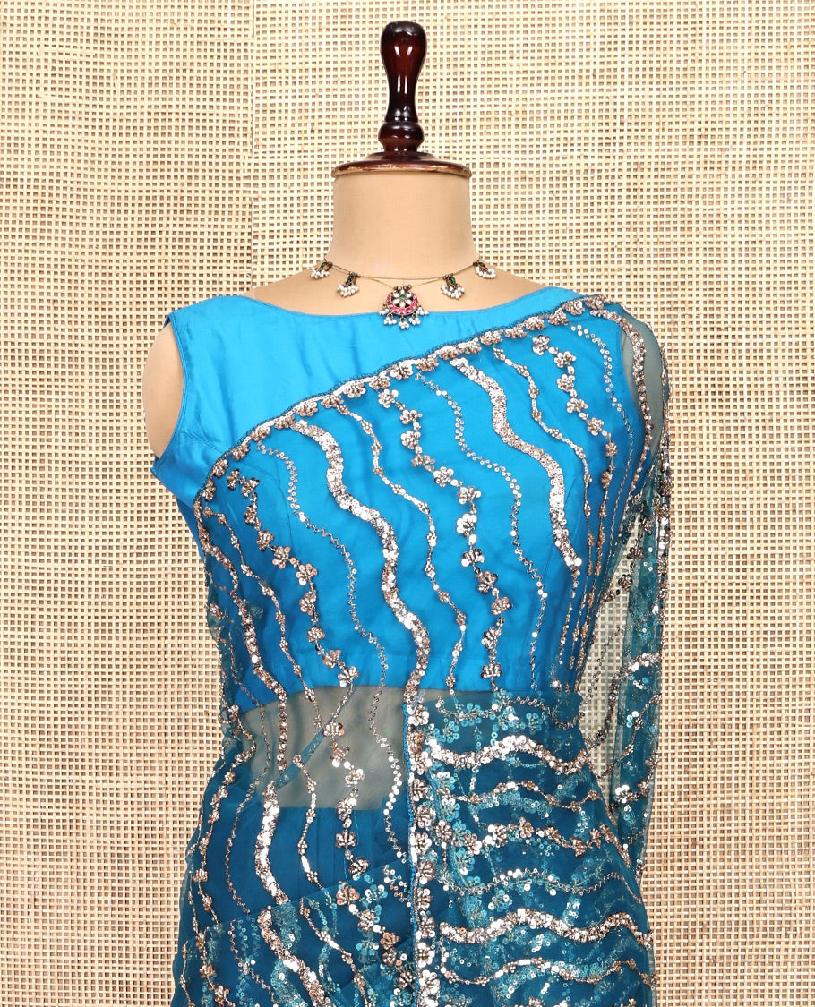 Peacock Green Zig-Zag Sequin Striped Net Designer Saree with Matching Blouse