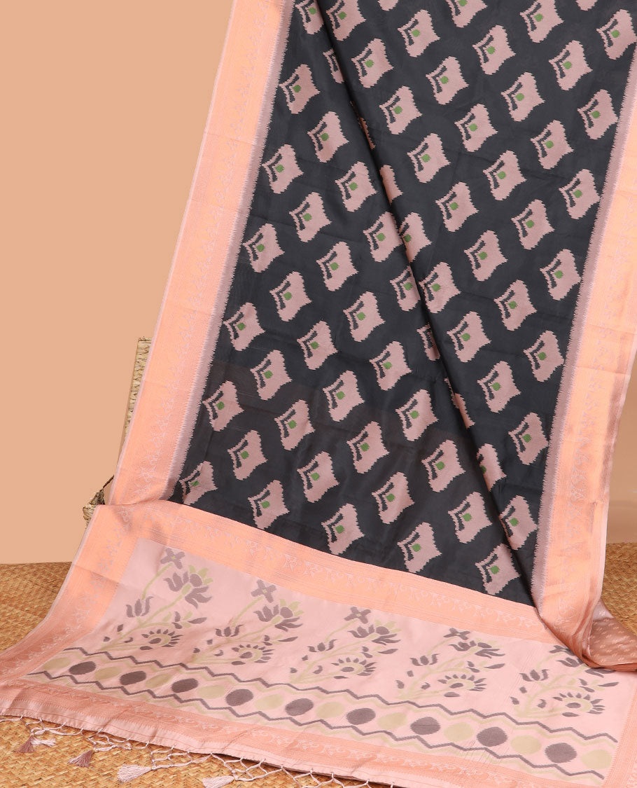 Black patola design mulberry silk saree with zari border & self embosed blouse