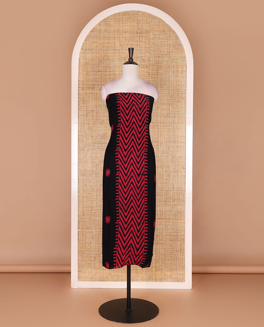 Black-rani pink material chudidar set, chevron stripes hand block printed viscose georgette top, contrast santoon bottom, and viscose georgette hand block printed dupatta