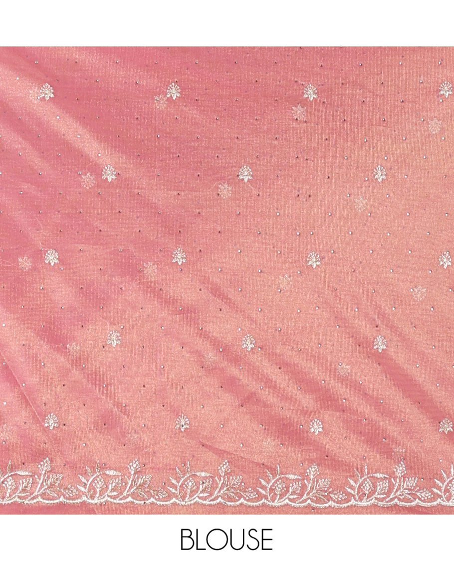 Dusky Pink Twill Net Saree, Elevated with Stone Work, Highlighted by a Scallop Embroidered Border, and Paired with a Matching Blouse