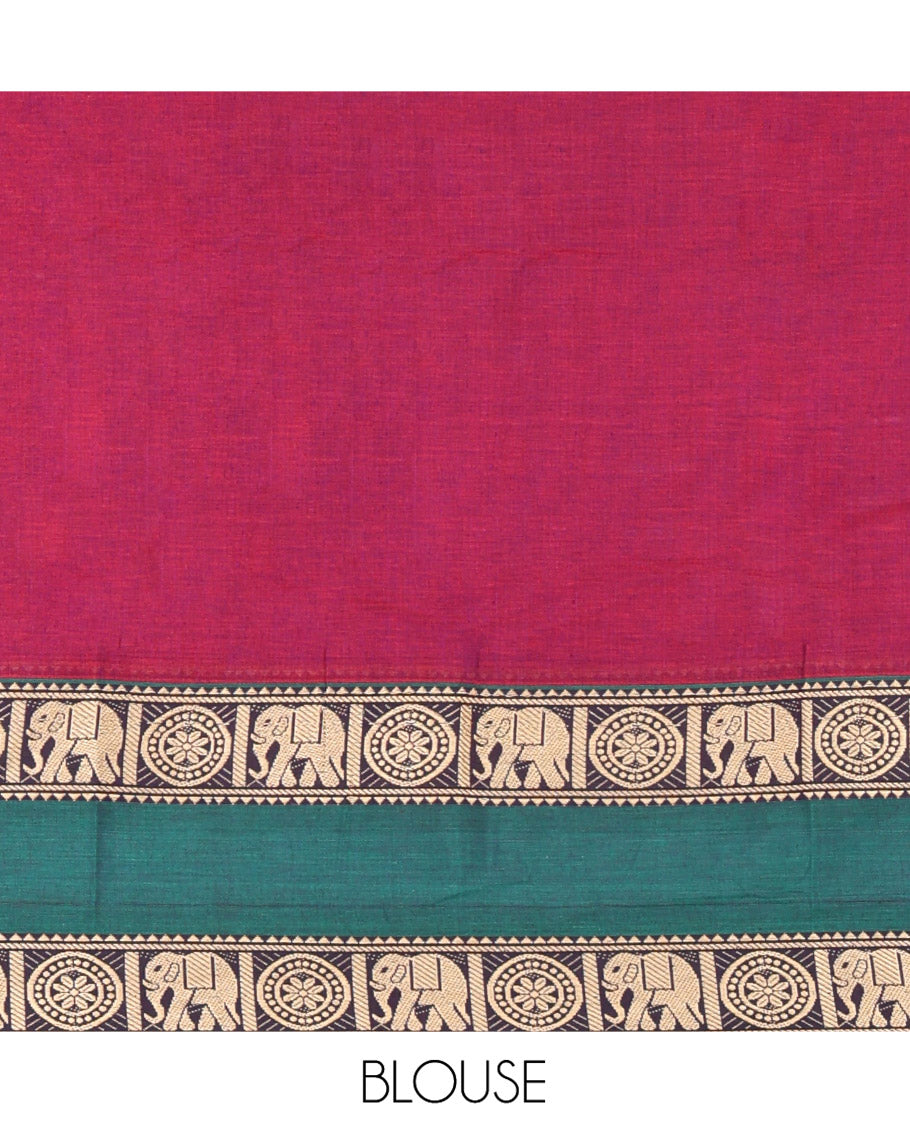 Purple Plain Mercerised Cotton Saree, Complemented by a Contrast Ganga-Jamuna Rettai Pettu Thread Border of Temple, Elephant, and Chakram Designs, Subtly Striped Pallu, and Paired with a Matching Blouse