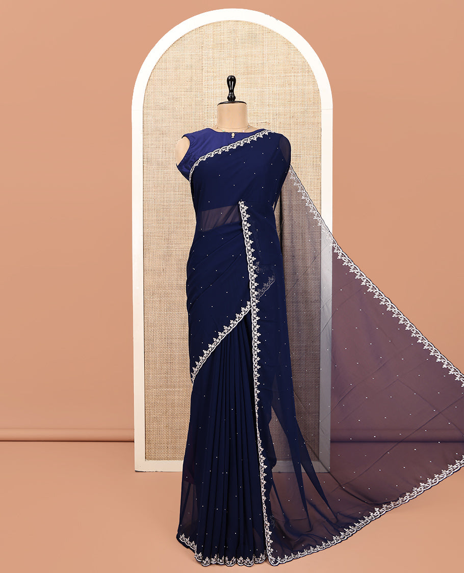 Navy Blue Designer Saree, Adorned with Stone Work, Scallop Stone-Embroidered Border, and Embroidered Matching Blouse